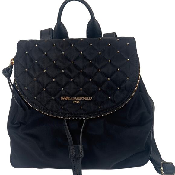 Karl Lagerfeld Paris Black Diamond Quilted Pattern Studded Drawstring Backpack - Picture 1 of 16